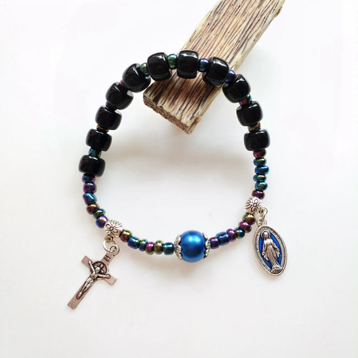 Christianartworkshop Blue Pearl Embellished Miraculous Mary & Crucifix Agate Bracelet - Retro Style - image 1