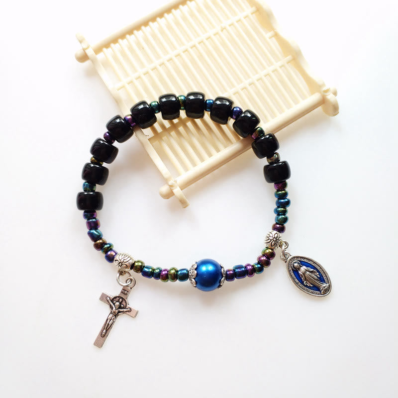Christianartworkshop Blue Pearl Embellished Miraculous Mary & Crucifix Agate Bracelet - image 2