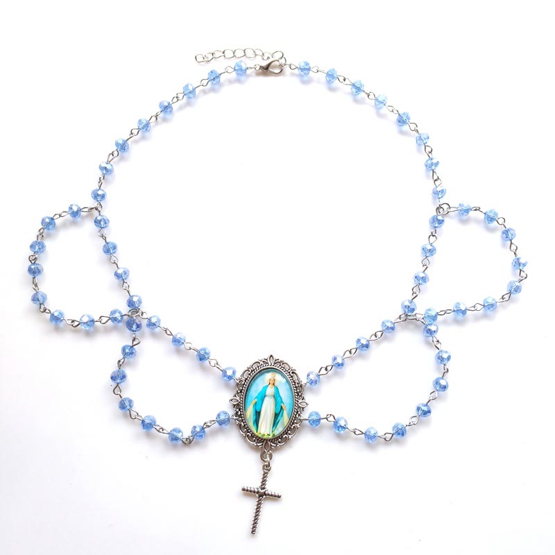 Christianartworkshop Miraculous Mary Image Glass Pendant Blue Crystal Clavicle Chain - Blue-Miraculous Pendant - image 1