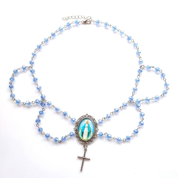 Christianartworkshop Miraculous Mary Image Glass Pendant Blue Crystal Clavicle Chain - Blue-Miraculous Pendant - image 1