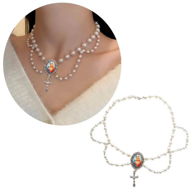 Christianartworkshop Miraculous Mary Image Glass Pendant Blue Crystal Clavicle Chain - image 2