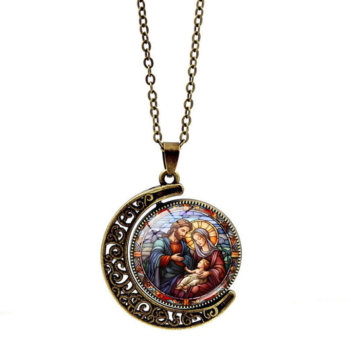 Christianartworkshop Jesus Holy Family Double-Sided Rotating Moon Pendant Necklace - Retro Bronze - image 1
