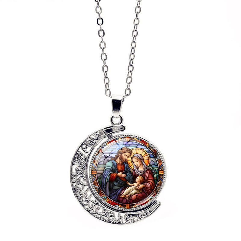 Christianartworkshop Jesus Holy Family Double-Sided Rotating Moon Pendant Necklace - Silver - image 3
