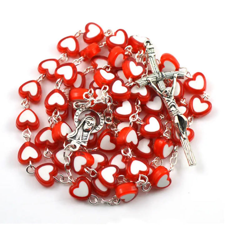 Colorful Jesus Cross Heart-shaped Rosary - Red - image 1