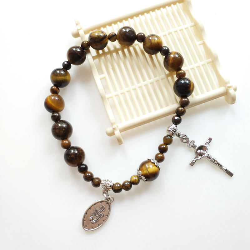 Christianartworkshop Jesus Cross & Miraculous Medal Tiger Eye Beaded Rosary Bracelet - image 2