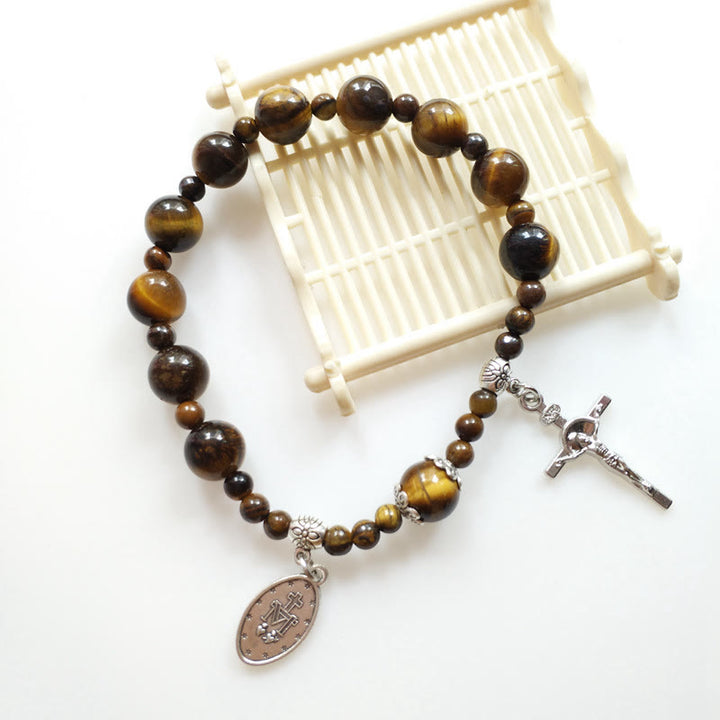 Christianartworkshop Jesus Cross & Miraculous Medal Tiger Eye Beaded Rosary Bracelet - image 2