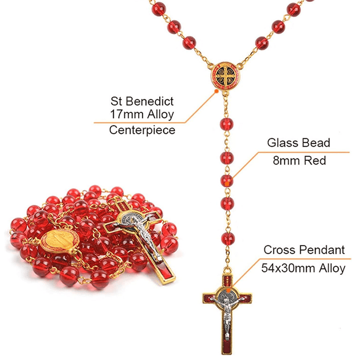 Catholic St. Benedict Centerpiece Red Glass Beads Cross Rosary - image 3