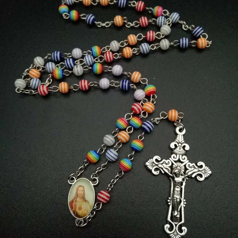 Resin Beads Crucifix Rainbow Mixed Color Rosary - Multicolor - image 1