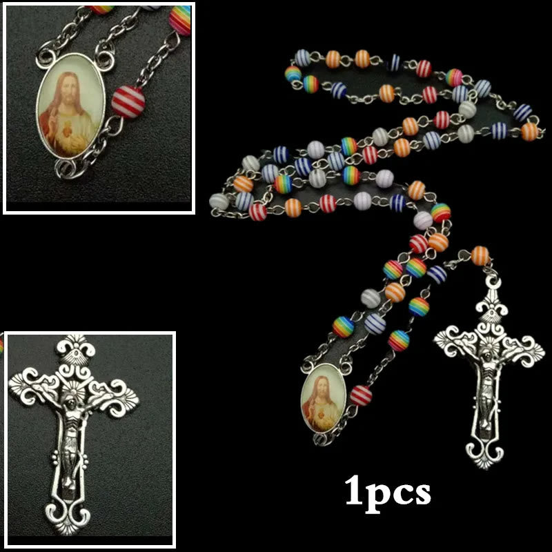 Resin Beads Crucifix Rainbow Mixed Color Rosary - image 3