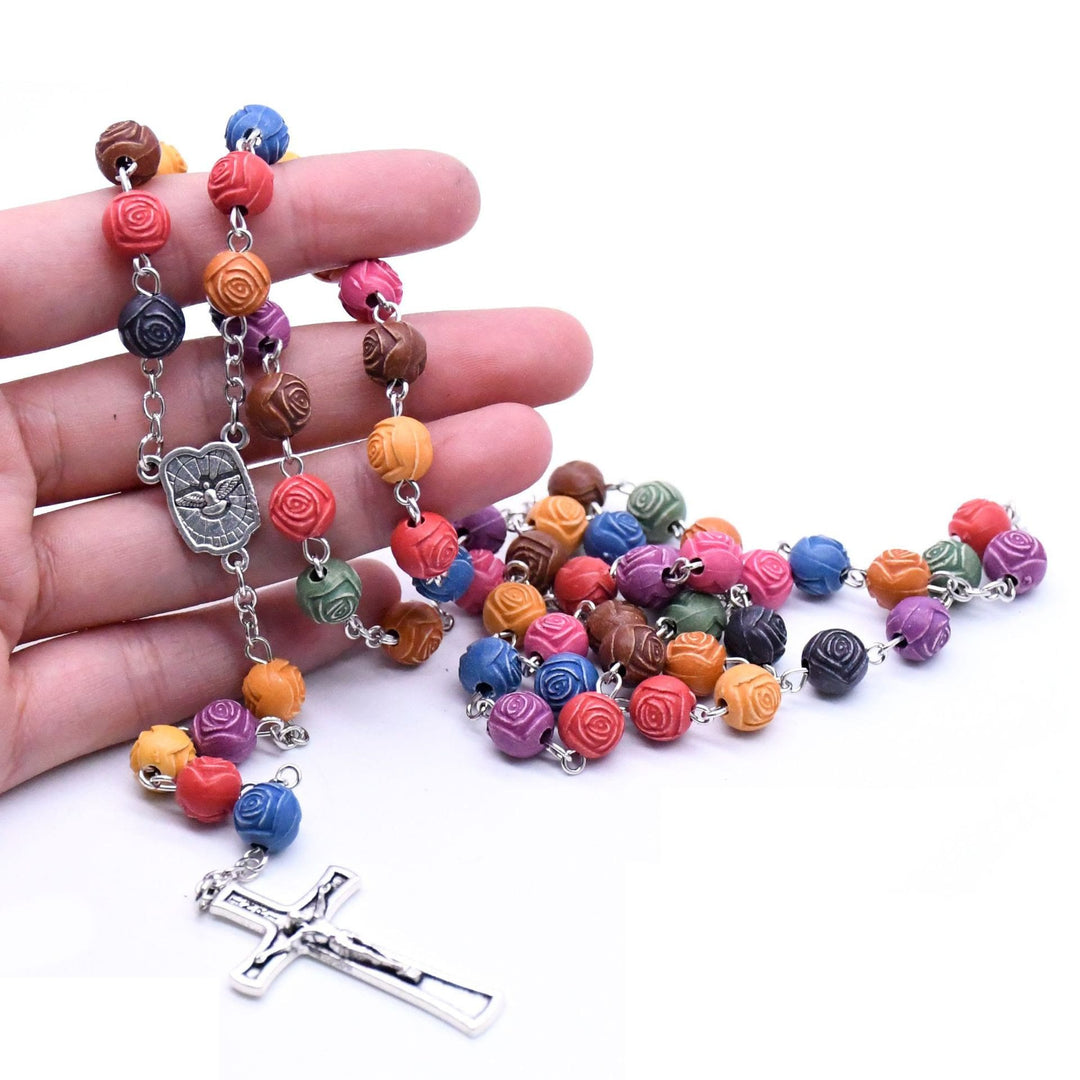 Holy Family Jesus Cross Rose Colored Beads Rosary - image 2