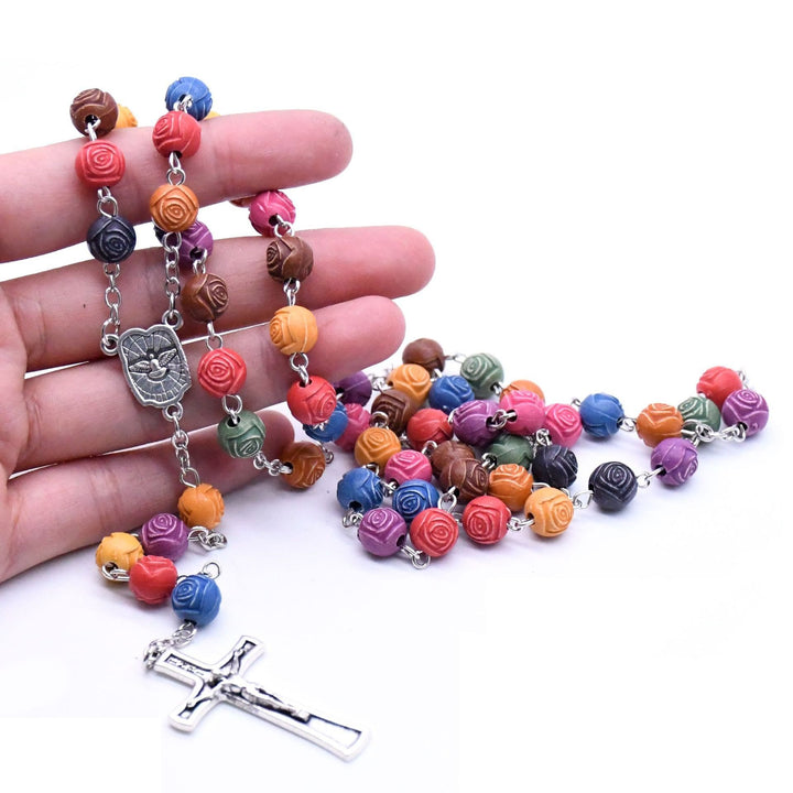 Holy Family Jesus Cross Rose Colored Beads Rosary - image 2