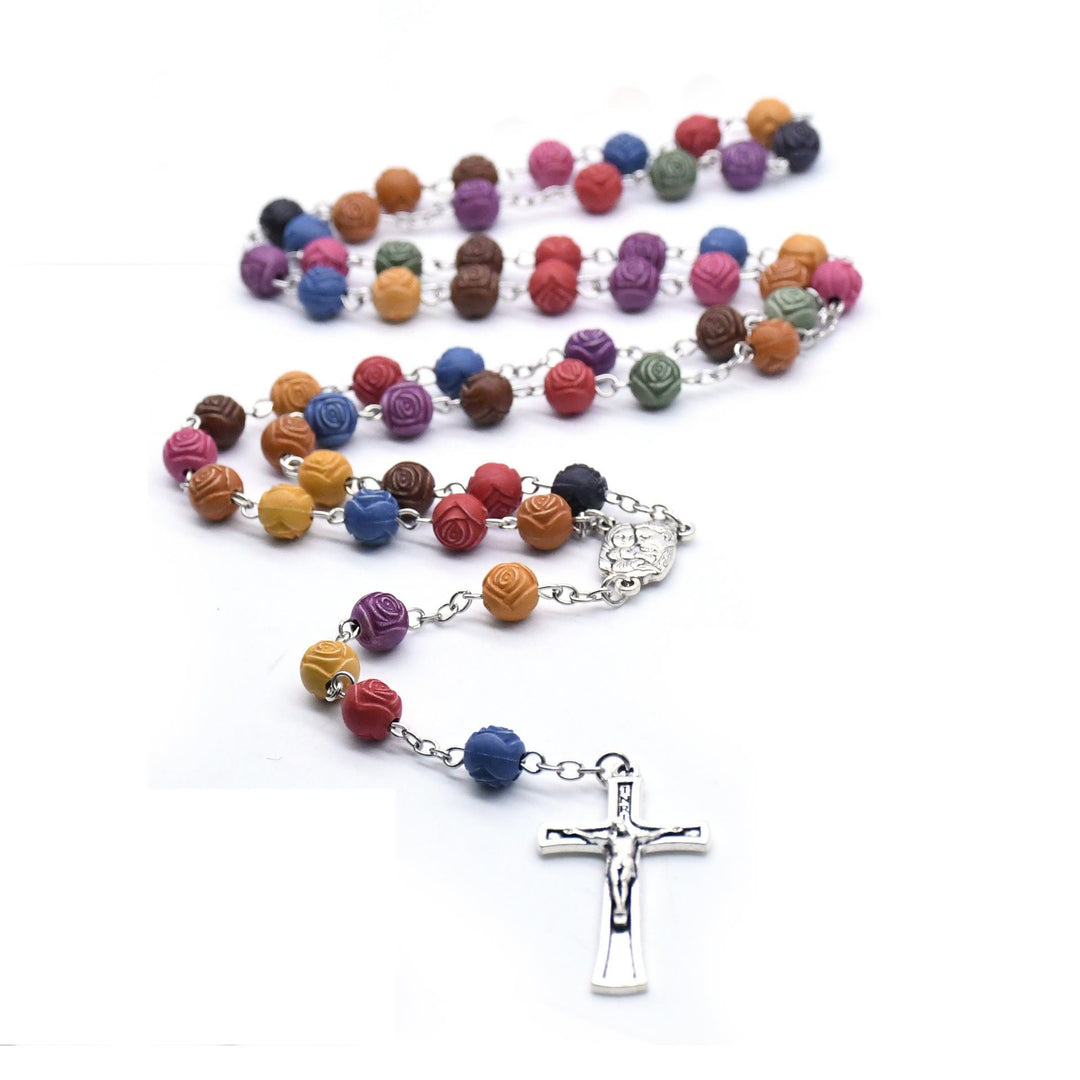 Holy Family Jesus Cross Rose Colored Beads Rosary - image 4