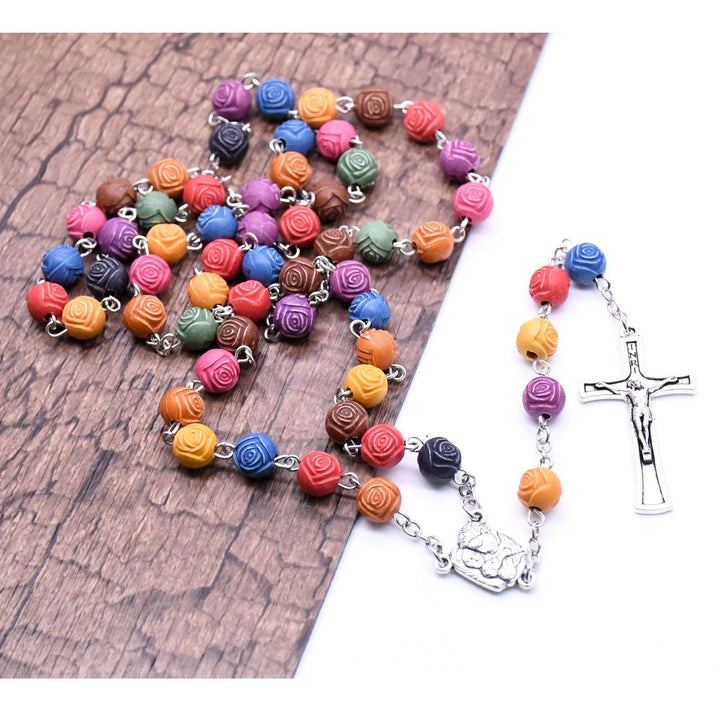 Holy Family Jesus Cross Rose Colored Beads Rosary - image 3