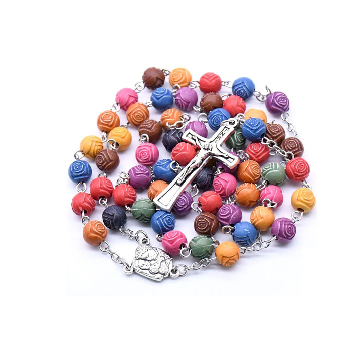 Holy Family Jesus Cross Rose Colored Beads Rosary - Colored Rose Beads - image 1