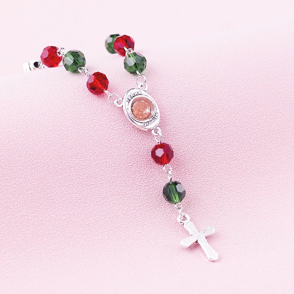 Virgin Mary Red & Green Crystal Rosary Bracelet - image 3