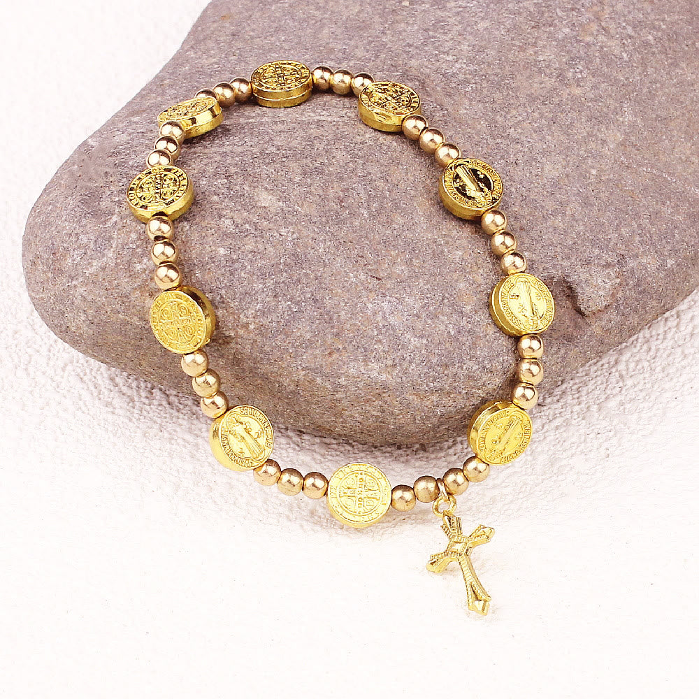 Christianartworkshop Gold-tone St. Benedict Cross Stretch Bracelet - Golden - image 1