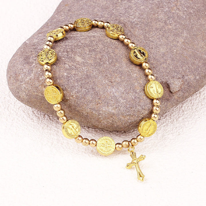 Christianartworkshop Gold-tone St. Benedict Cross Stretch Bracelet - Golden - image 1
