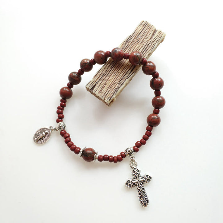 Christianartworkshop Miraculous Medal & Cross Natural Stone Rosary Bracelet - Wine - image 1