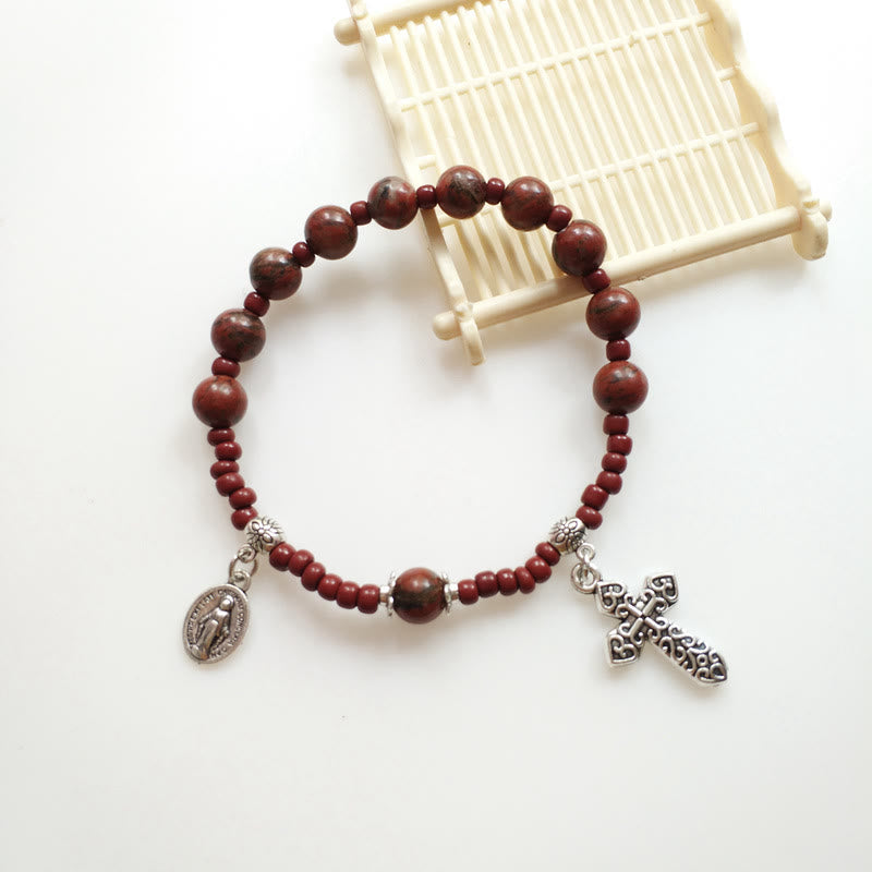 Christianartworkshop Miraculous Medal & Cross Natural Stone Rosary Bracelet - image 2