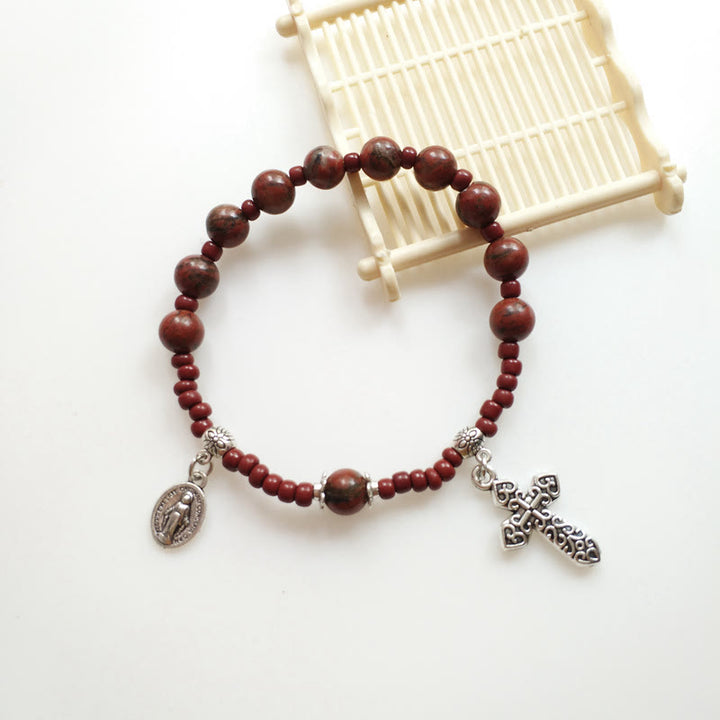 Christianartworkshop Miraculous Medal & Cross Natural Stone Rosary Bracelet - image 2