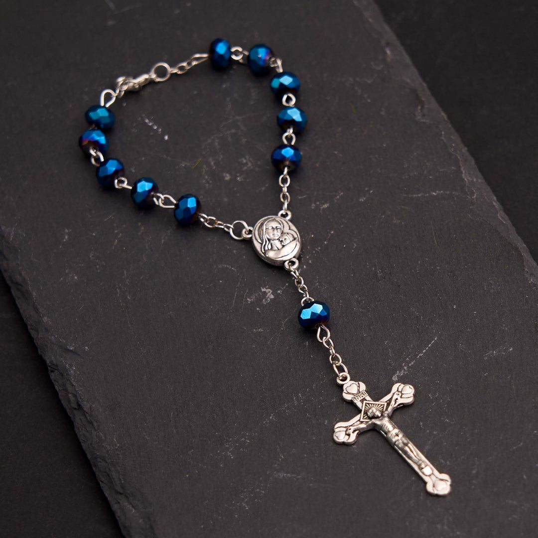 Blue Crystal Gemstone Virgin Mary Bracelet Rosary - Navy Blue - image 1