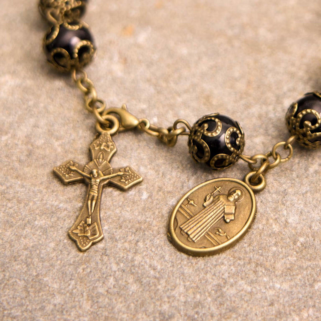 Christianartworkshop Crafted Retro Black St. Benedict Medal & Crucifix Rosary Bracelet - image 2
