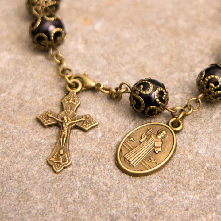 Christianartworkshop Crafted Retro Black St. Benedict Medal & Crucifix Rosary Bracelet - image 2