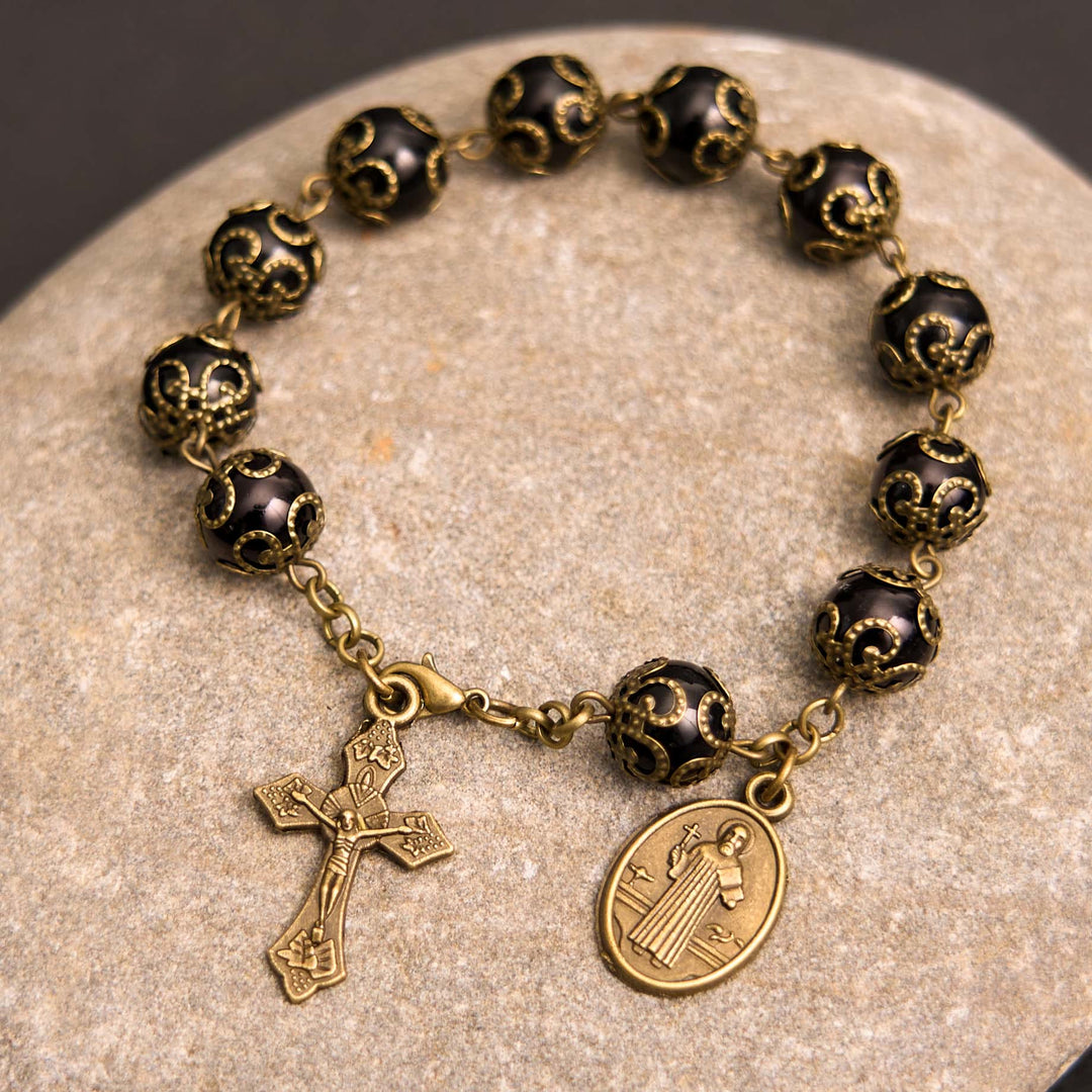 Christianartworkshop Crafted Retro Black St. Benedict Medal & Crucifix Rosary Bracelet - Black - image 1