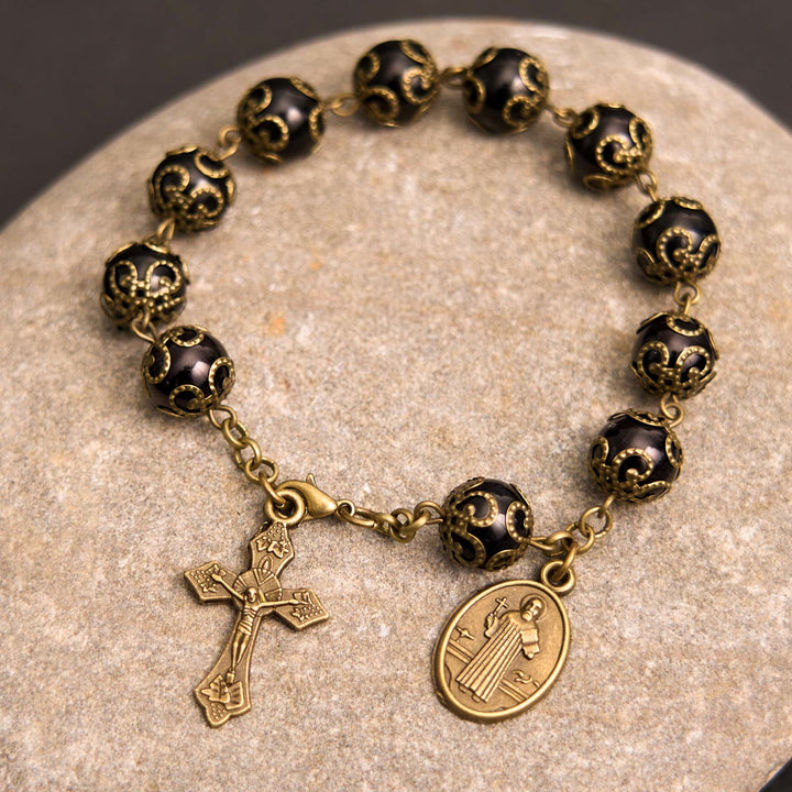 Christianartworkshop Crafted Retro Black St. Benedict Medal & Crucifix Rosary Bracelet - Black - image 1