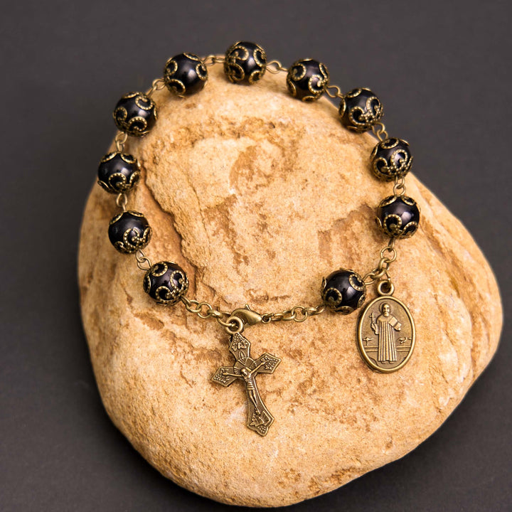 Christianartworkshop Crafted Retro Black St. Benedict Medal & Crucifix Rosary Bracelet - image 4