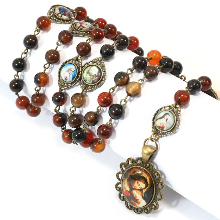 Retro Agate Stone Virgin Mary Seven Sorrow Rosary - Red - image 1