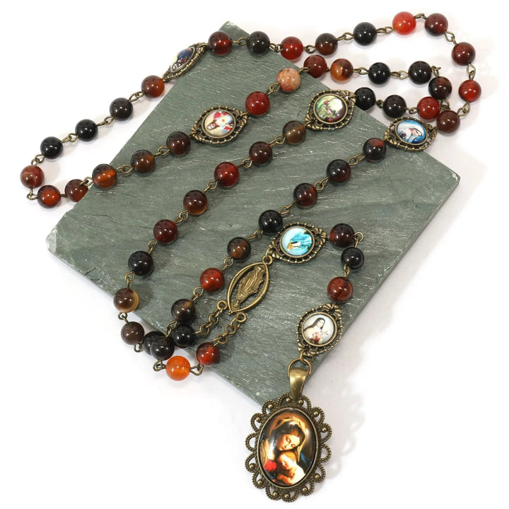 Retro Agate Stone Virgin Mary Seven Sorrow Rosary - image 3