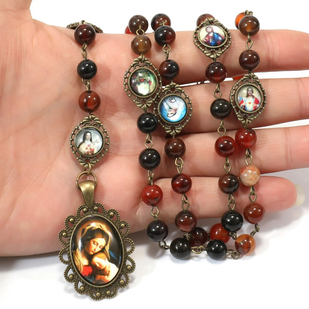 Retro Agate Stone Virgin Mary Seven Sorrow Rosary - image 2