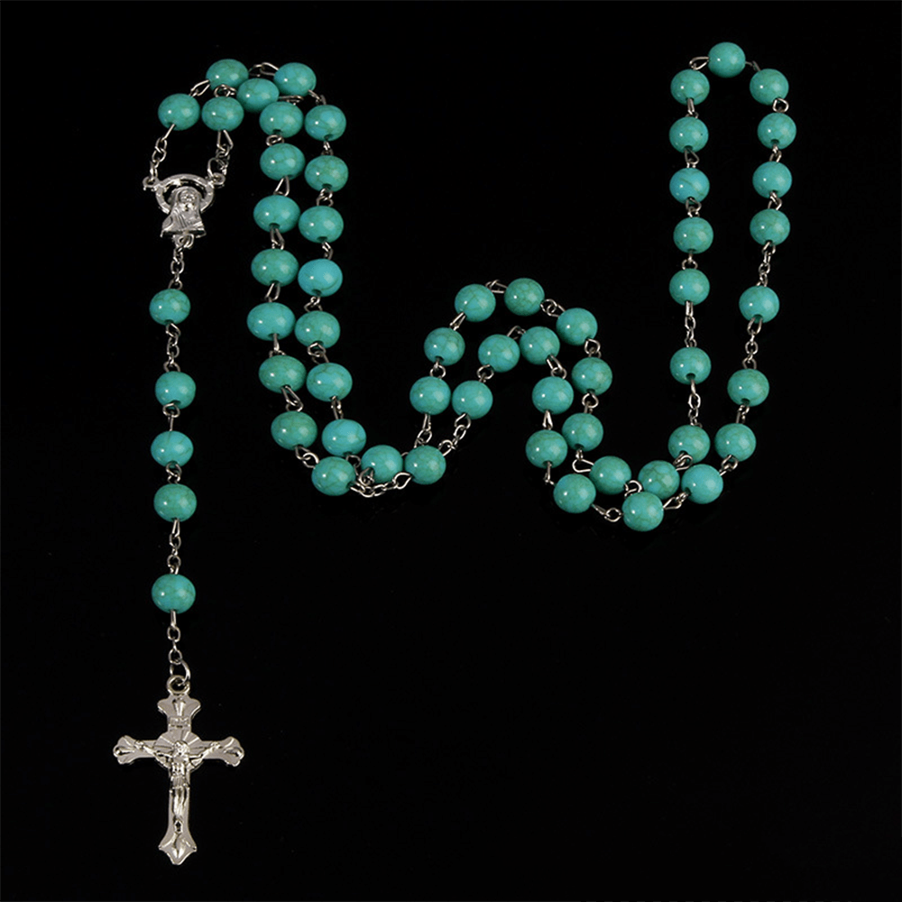 Six-Color Stone Beads Catholic Rosary - Blue - image 3