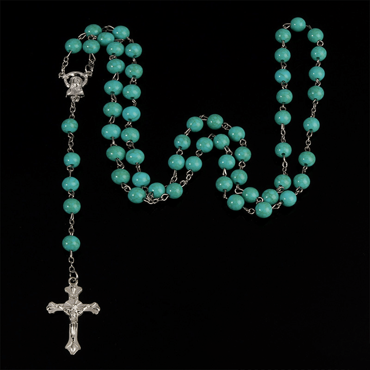 Six-Color Stone Beads Catholic Rosary - Blue - image 3