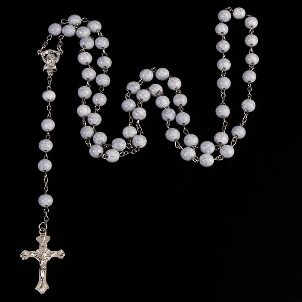 Six-Color Stone Beads Catholic Rosary - White - image 6