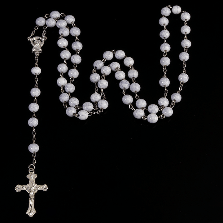 Six-Color Stone Beads Catholic Rosary - White - image 6