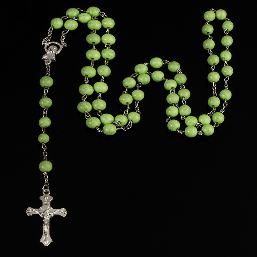 Six-Color Stone Beads Catholic Rosary - Green - image 4