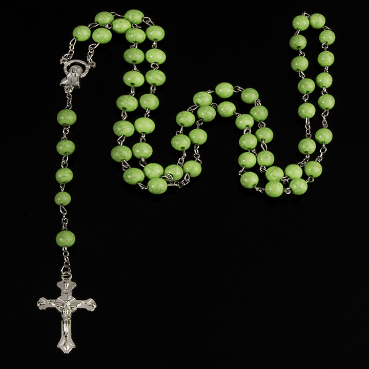 Six-Color Stone Beads Catholic Rosary - Green - image 4