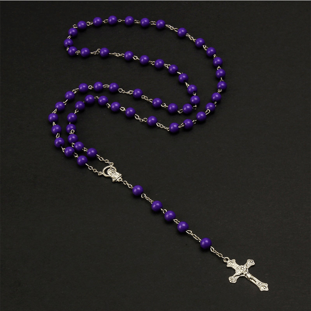 Six-Color Stone Beads Catholic Rosary - Purple - image 1