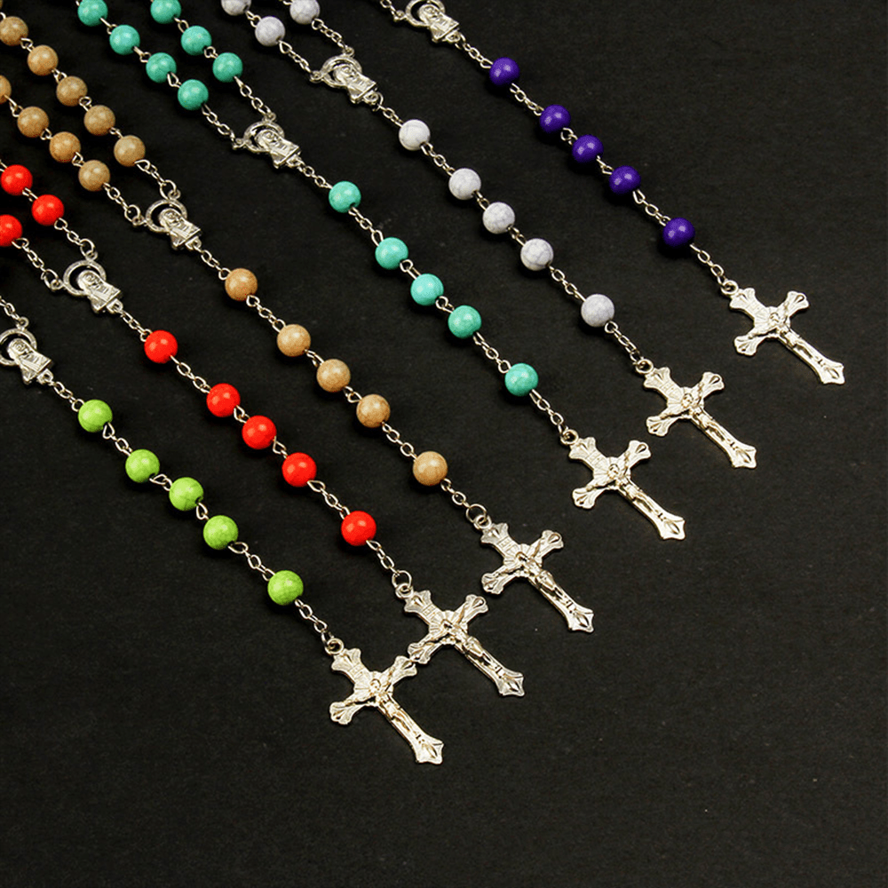 Six-Color Stone Beads Catholic Rosary - image 2