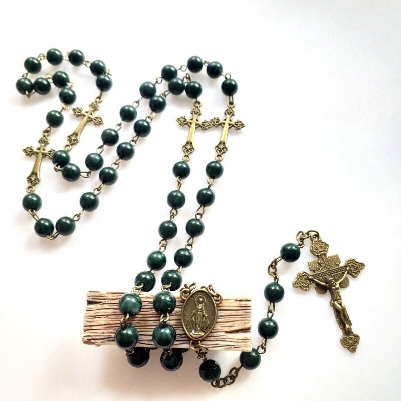 Miraculous Medal & Crucifix of 8 mm Round Green Acrylic Alloy Chain Rosary - 🔥3 PCS - image 1