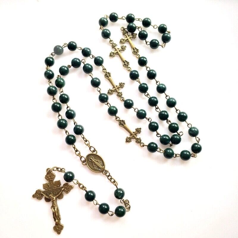 Miraculous Medal & Crucifix of 8 mm Round Green Acrylic Alloy Chain Rosary - image 4