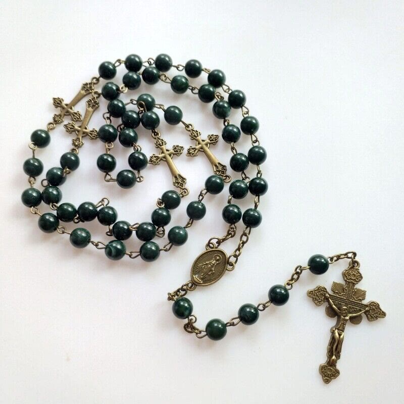 Miraculous Medal & Crucifix of 8 mm Round Green Acrylic Alloy Chain Rosary - image 3
