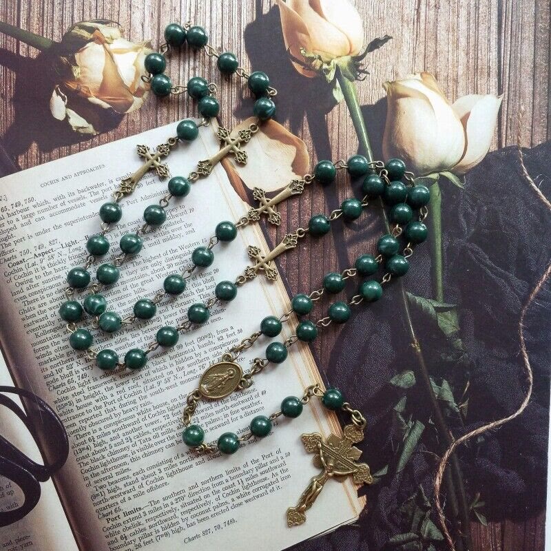 Miraculous Medal & Crucifix of 8 mm Round Green Acrylic Alloy Chain Rosary - image 2