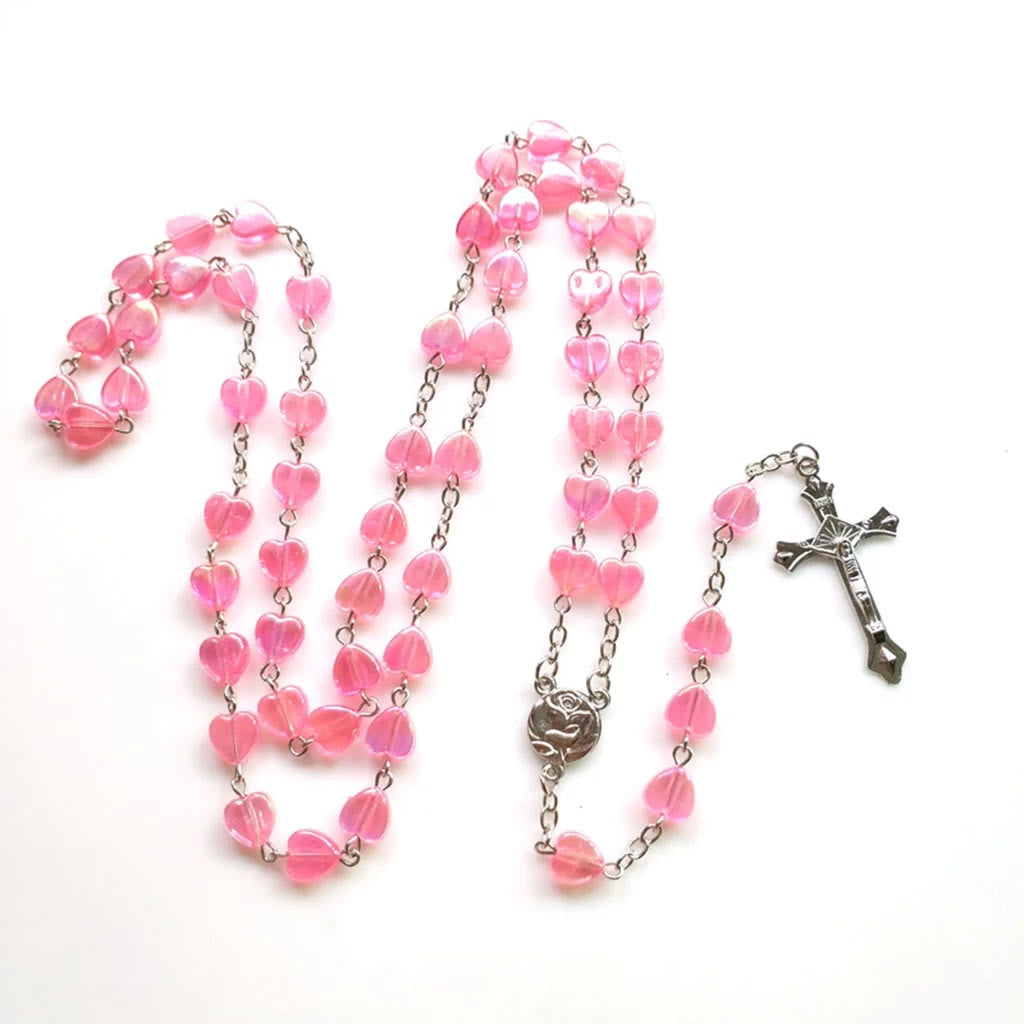 Pink Clear Shiny Heart Prayer Rosary - image 3