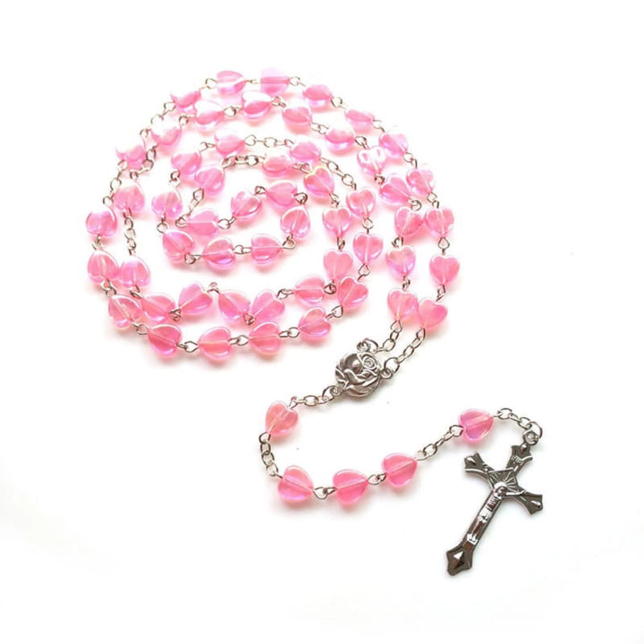 Pink Clear Shiny Heart Prayer Rosary - Pink - image 1