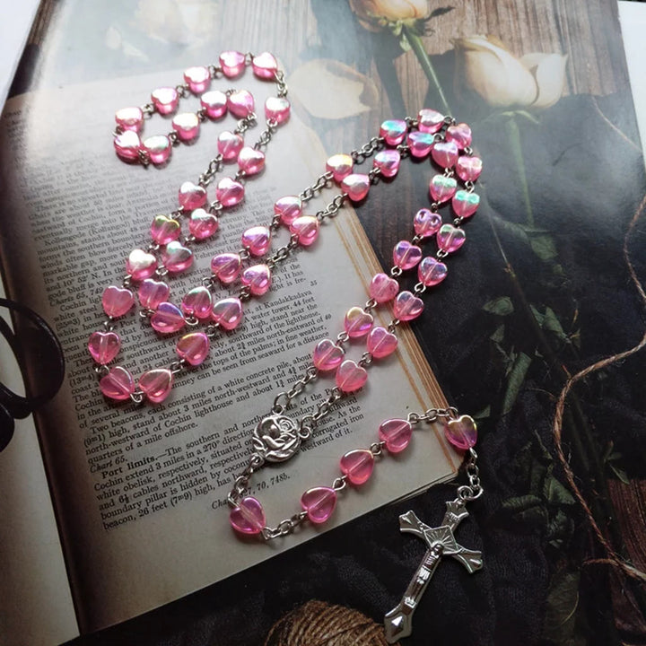 Pink Clear Shiny Heart Prayer Rosary - image 2