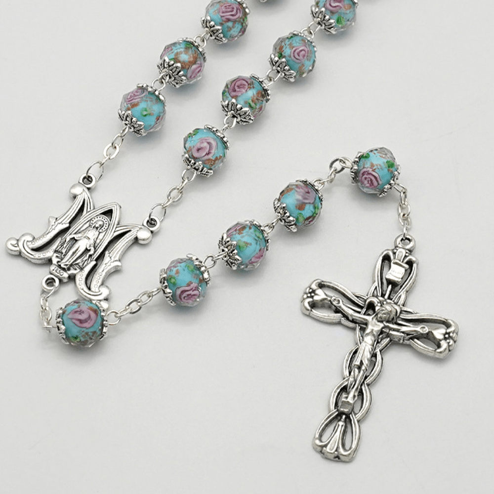 Christianartworkshop Glazed Crystal Rose Flower Beads Rosary - image 5