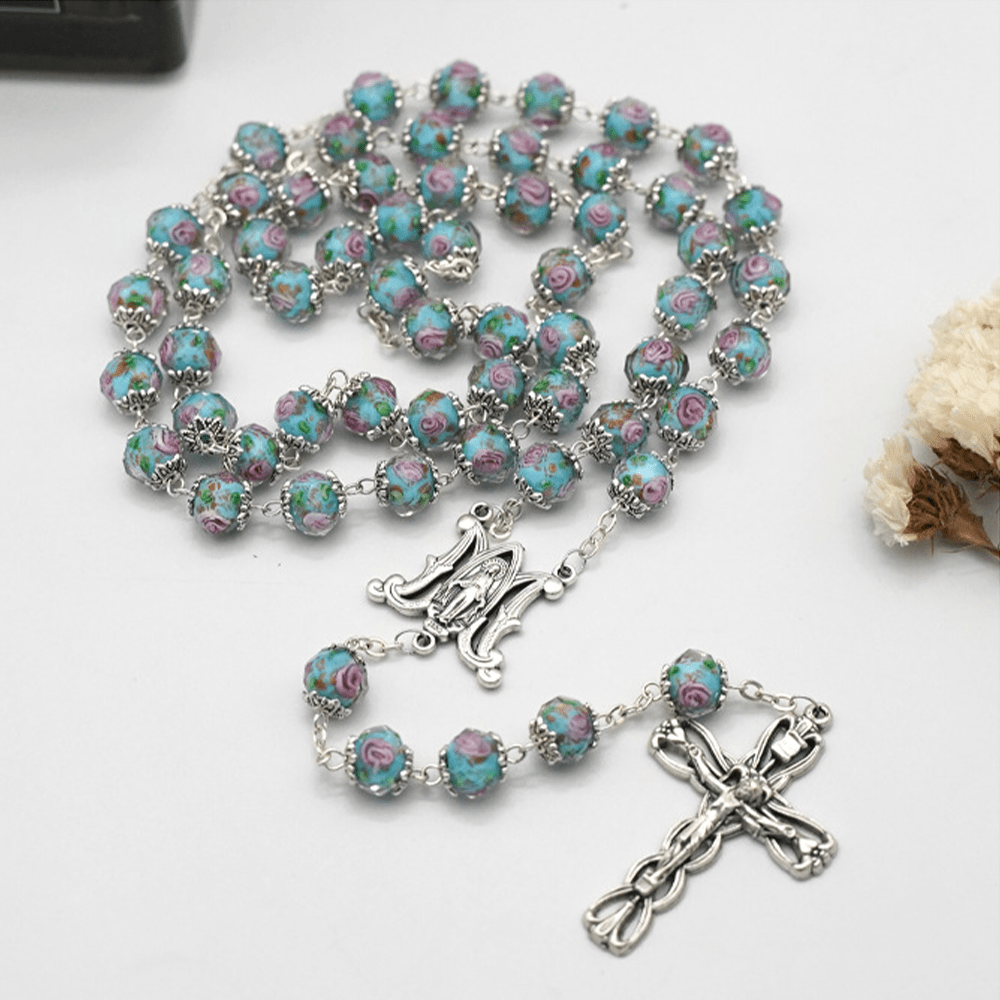 Christianartworkshop Glazed Crystal Rose Flower Beads Rosary - image 8
